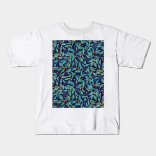 Leaves + Berries in Navy Blue, Teal & Tangerine Kids T-Shirt